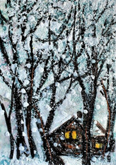 ACEO Original Winter CABIN Pine Tree PAINTING Snow Holiday Nature Landscape ART