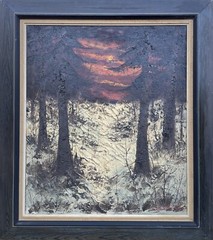 Kristian Bjulver Winter Landscape Evening Red Snow Fir Forest Modern Danish Art