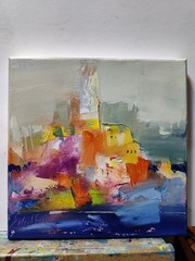 Original oil painting 8″x8″ Contemporary art, abstraction, old city