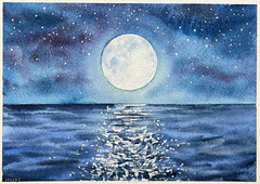 Original Watercolor Painting Seascape Sea Ocean Moon Stars Night – 5×7 inches