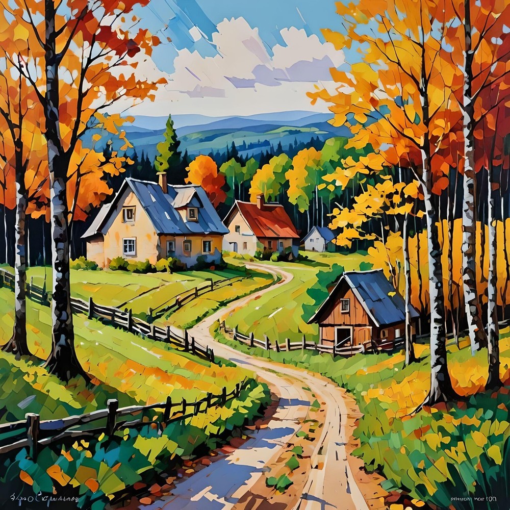 ACEO Art Card A Farm nestled in a Forest with Colorful Foliage and blue mts.