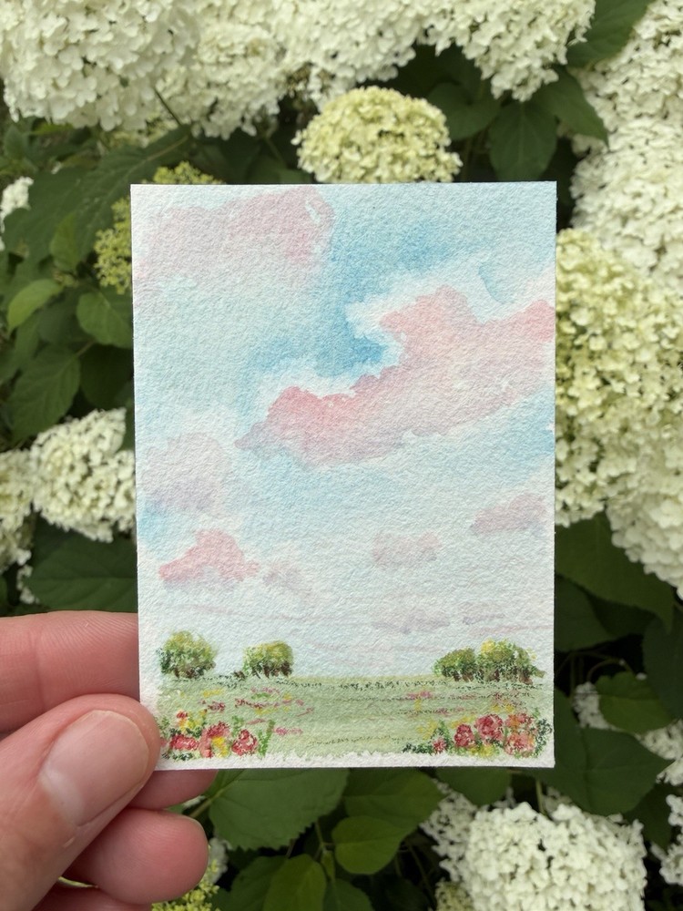 ACEO Original landscape field trees clouds illustration 2.5×3.5in by KC_ART_ME