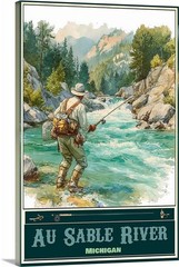 Ausable River Fly Fishing Travel Poster for Prints Framed or Canvas Wall Art