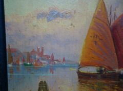 Original Oil Painting on Board. Sailboats near Harbor at Sunset by Franz Waldegg
