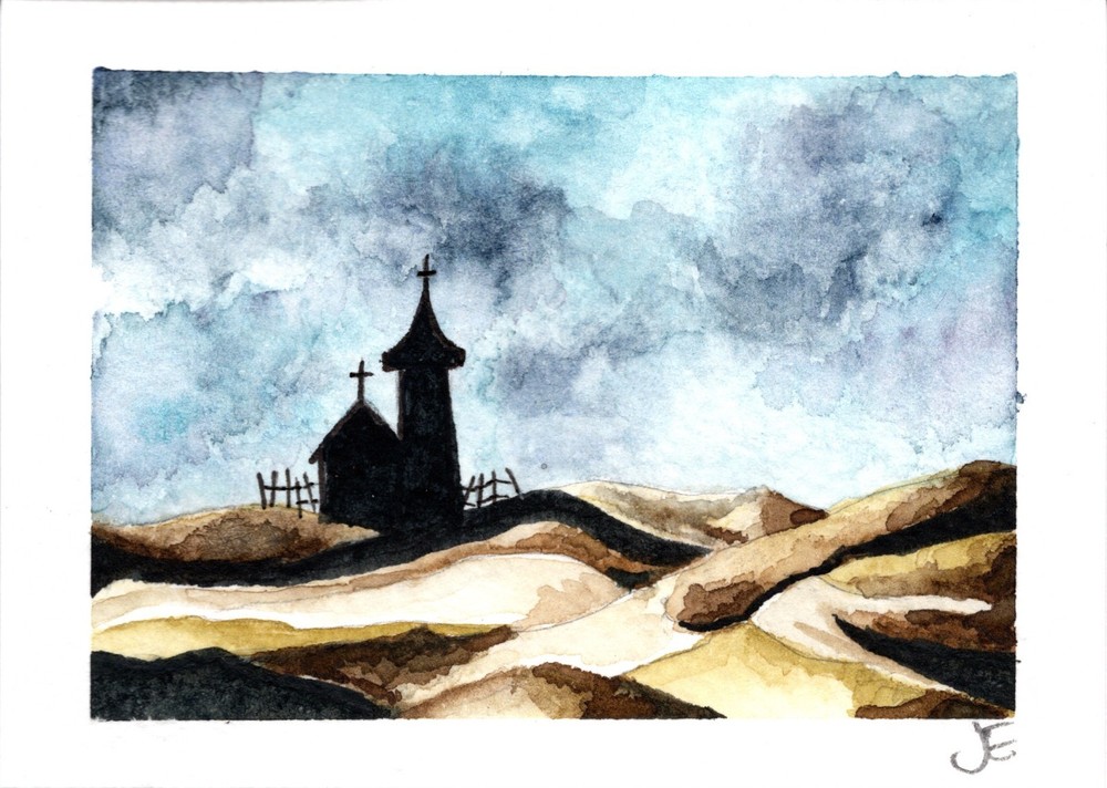 ACEO Original Watercolor Church Silhouette Storm Clouds Sand Dunes Moody OOAK