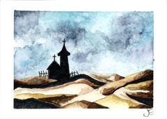ACEO Original Watercolor Church Silhouette Storm Clouds Sand Dunes Moody OOAK