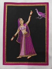 Traditional Indian Silk Painting Princess Peacock Ethnic Home Decor Framable Art