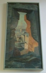 MODERNIST COMPOSITION 40 INCHES OIL ON CANVAS CITY VIEW THROUGH HOLE WINDOW MOD