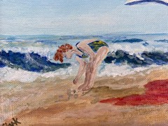 American Florida Beach Day Art Umbrella Waves Woman Nautical Decor Painting