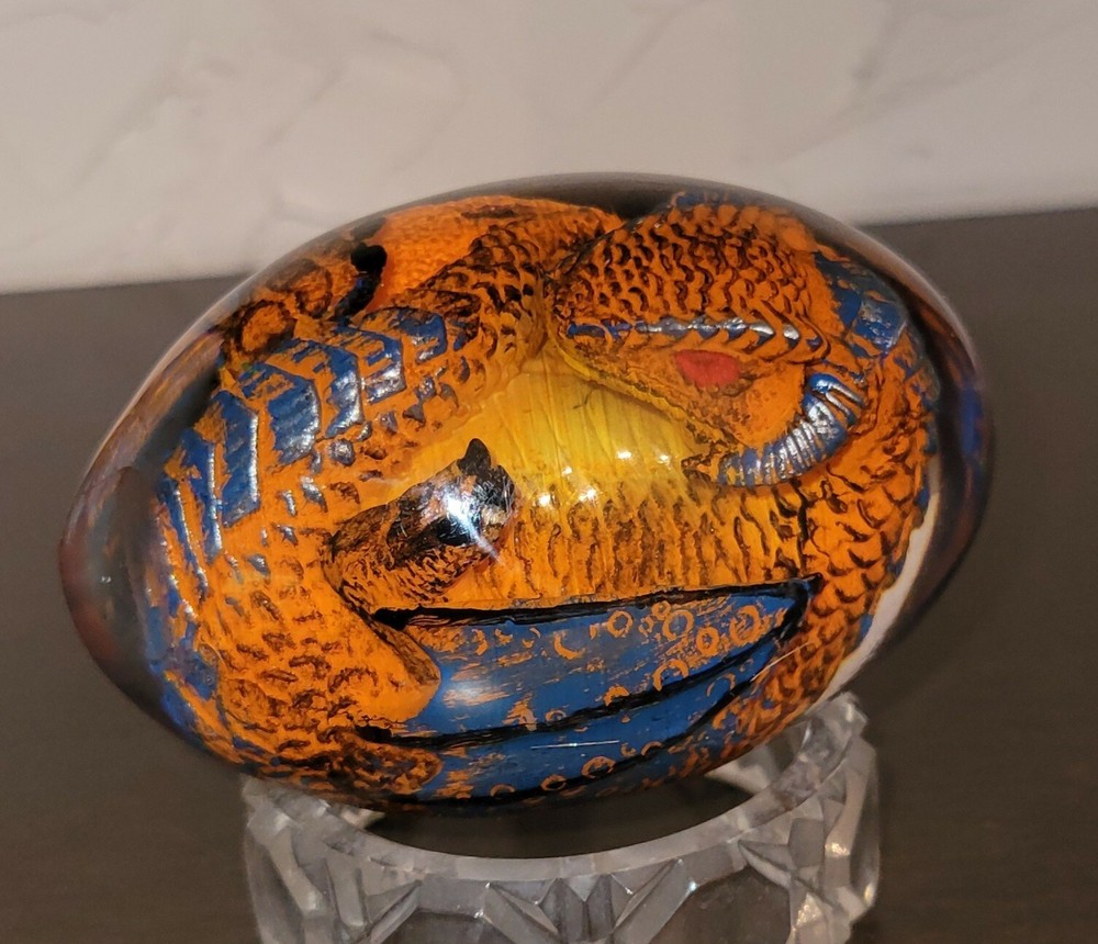 Dragon Baby Lucite ? Egg 3.25 X 2″ Orange And Blue