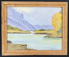 Vintage Oil Painting Signed Cogliser ’92 Mountain River Landscape Framed 15×12