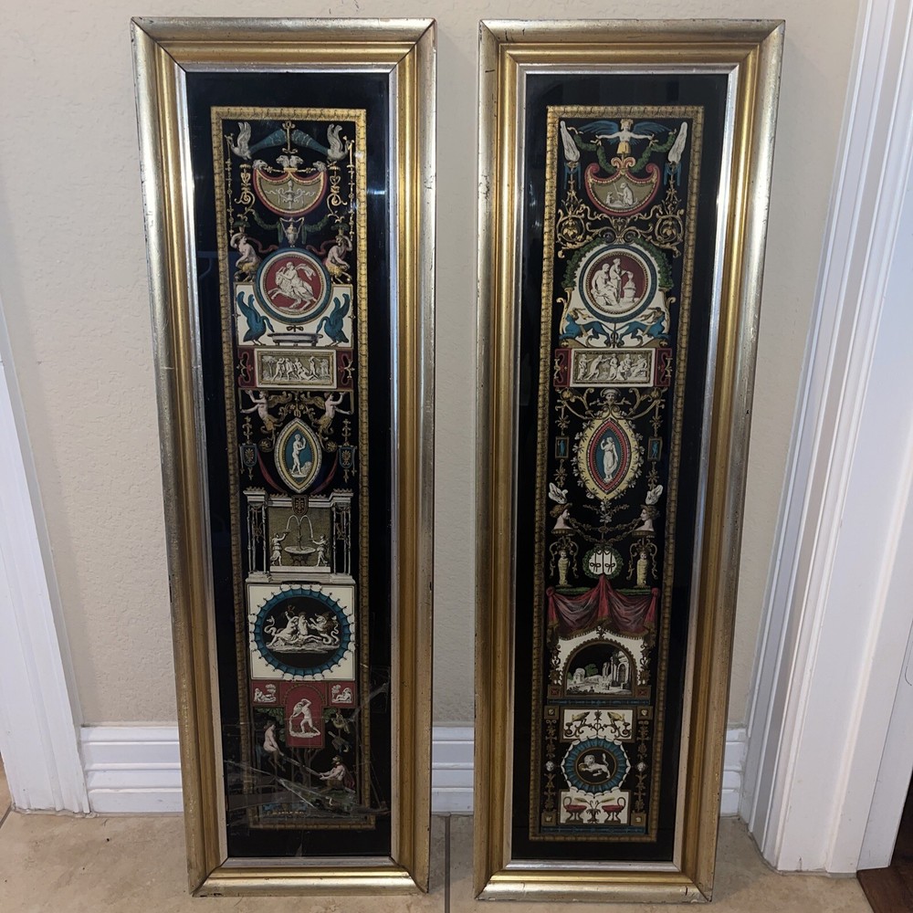 Pair of Neoclassical Reverse Paintings on Glass with Many Intricate Paintings