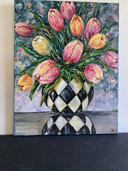 ORIGINAL OIL Painting TULIPS IN VASE impasto 14″x 11″ by Olga Diduh.