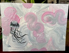 Hand Painted acrylic on canvas board Abstract Fluid And Jellyfish 9×12