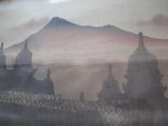 ANTIQUE BUDDHA PAINTING CITY VILLAGE VIEW NIGHT SUNSET OLD FRAME BATIK MODERNIST