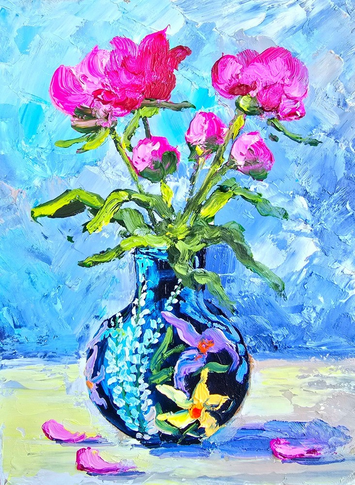 Peonies Flowers Oil Painting 15x20cm Blue Vase Painting on Painting Board