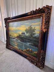 50×40″ Ornate Baroque Giltwood & Black Enamel Frame w/Oil on Canvas Painting