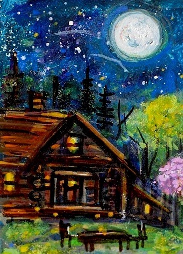 ACEO Original PAINTING Spring TREE Night Sky Moon CABIN Nature Landscape ATC ART