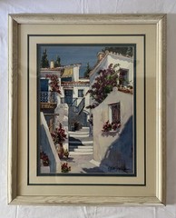 Original Watercolor Art – Erin Dertner – Greek Village Scene – Framed 19.5×23.5”
