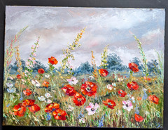 ORIGINAL Painting OIL impasto „WildFlowers Red, White“ 12″x16″ by Olga Diduh