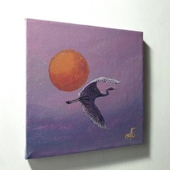 Original Acrylic Bird Painting Crane Sunset Impressionist Landscape Canvas Art