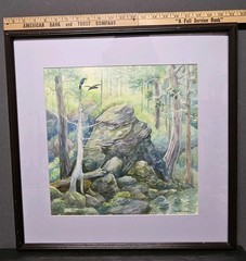 Deborah C Dawson Signed Watercolor Forest Rock Landscape Birds 21¼“x 21¼“ Framed