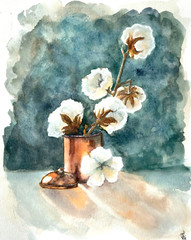 Cotton Painting Flowers Artwork Floral Original Watercolor Art Still Life Art