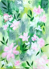 Abstract Original 5×7 Floral Painting Paper Green Pink Home Decor