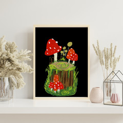 OOAK Original PRINT of ORIGINAL PAINTING Toadstool on Stump 5×7