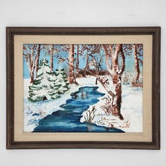Vintage Winter Landscape Oil Painting Signed JR Birch Stream Forest Framed 20×16