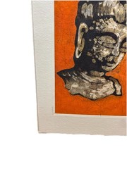 Mid Century Signed P Chan Batik Acrylic Painting on Fabric Serene Buddha Head