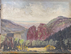 Oil Painting Undeutl. Monogr.jägerstand on The Platform Before Red Bergwand