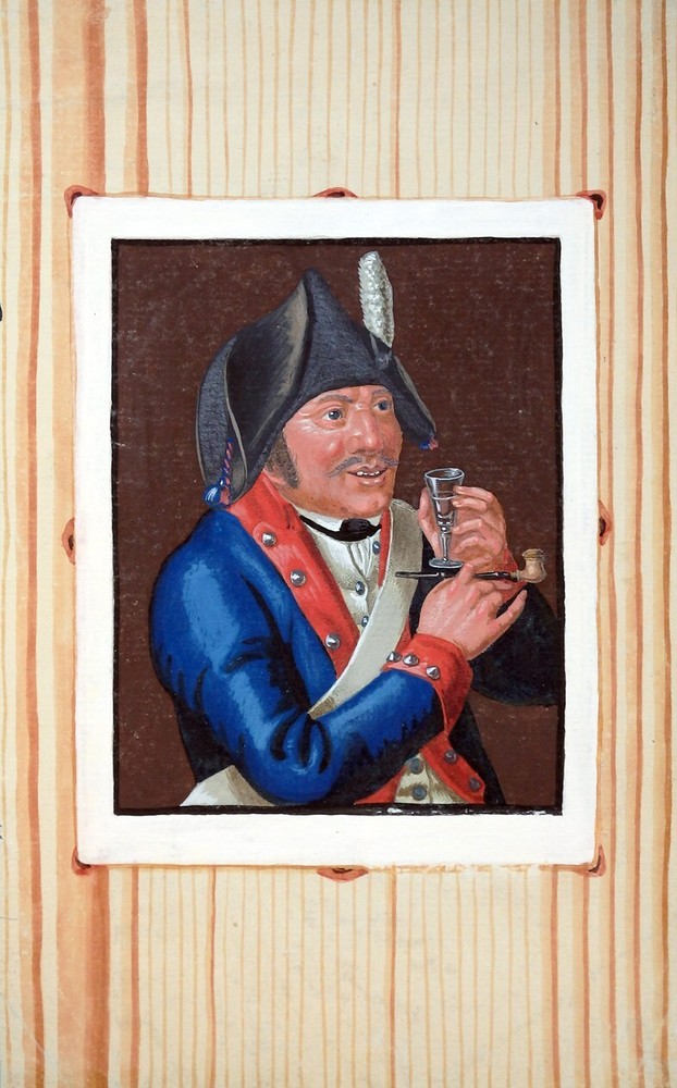 GOUACHE SOLDIER UNIFORM trompe-l’oeil QUODLIBET HAND PAINTED WINTERSCHMIDT 18th CENTURY