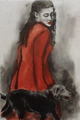 YARY DLUHOS City Woman Girl Female Figure Dog Walk Original Art Oil Painting
