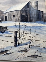 Watercolor Painting Indiana Artist “Snowy Barn Model T Truck” 1979