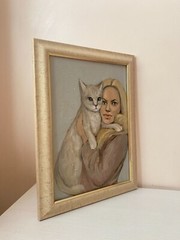 Portrait with Cat Oil Painting White Kitten Wall Art Beautiful Girl Pet Woman