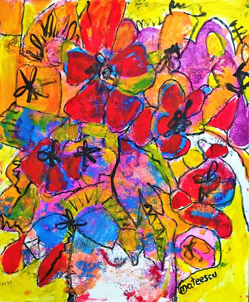 ORIGINAL FLOWERS ART ABSTRACT FLOWERS PAINTING MODERN ART HO ME DECOR 14″ #A233