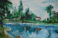 Original Hecto Vidal Oil Painting Reading By The Lake Cuban Country Scene 14×11