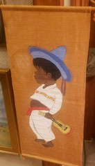 SAN ANTONIO TEXAS ARTIST ADRIEL SQUEAKY MCGILL 16″X 36″ FIESTA BOY GUITAR BURLAP