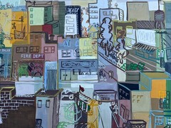 MID CENTURY PAINTING CUBIST ABSTRACT CITYSCAPE URBAN MODERNISM CUBISM WPA STYLE
