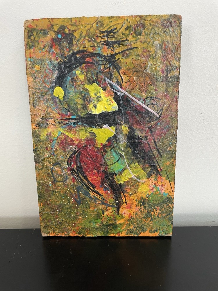 Small Abstract Painting On Wood Panel, Vibrant Multicolor Composition,Signed