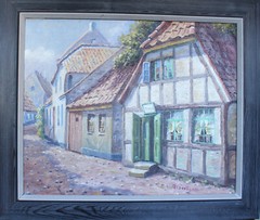 DECORATIVE DANISH PAINTING „DANISH OLD TOWN“ SIGNED: R.V.ALBERTSEN #12018