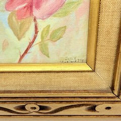 Vtg Signed Floral Oil Painting Light Pink Roses Bouquet in Gold Wooden Frame