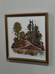 Tomas Stone Signed Oil Painting Mid Century Modern MCM Cottage Ruins Art Vtg