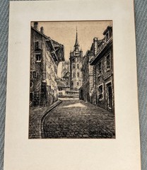 20th Century Charcoal Drawing Of French Street Scene On Paper, Signed By Artist