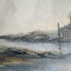 Vintage MCM Coastal Seascape Oil Painting Masonite New England Fishing Shack 60s