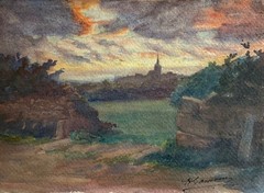 Antique Vintage French Watercolor Landscape Perros Guirec Brittany Church Signed