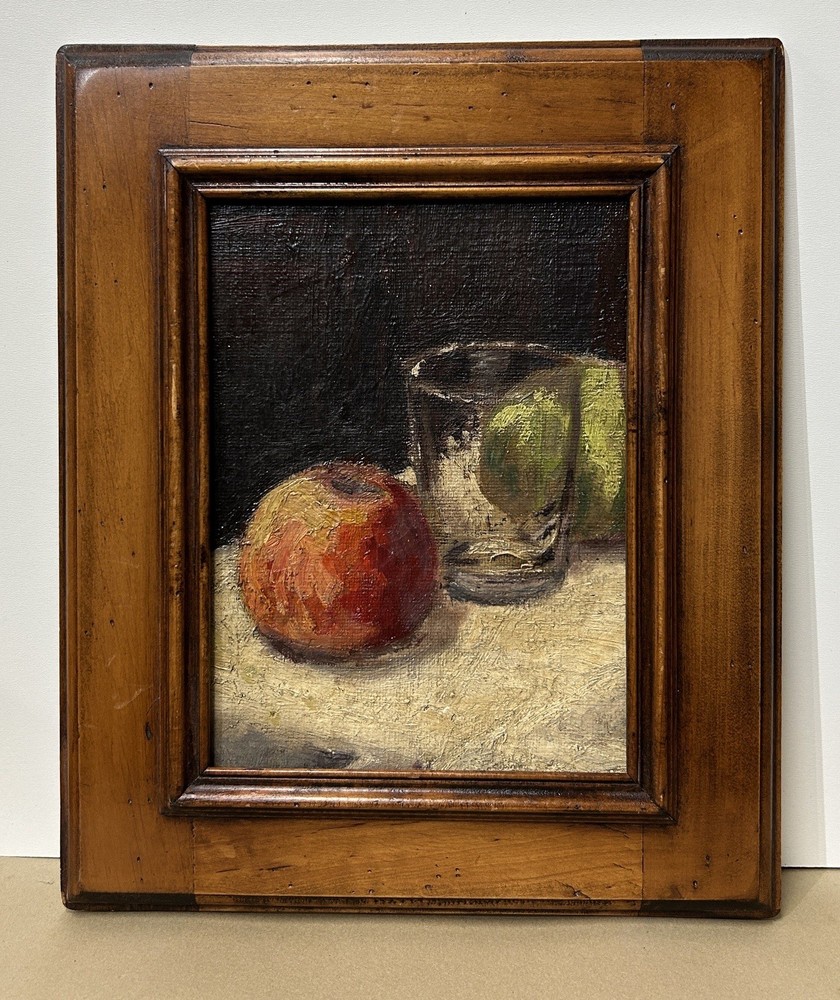 Small Original Antique Impressionist 1900’s Oil Painting Glass & Apples, Framed