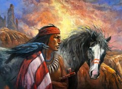 Original Oil Painting Native American COMANCHE RAVEN BLACK Horse SOUTWESTERN ART