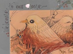 Vintage Mixed Media Print Calligraphy Watercolor Painting Bird Poem Welcome Home